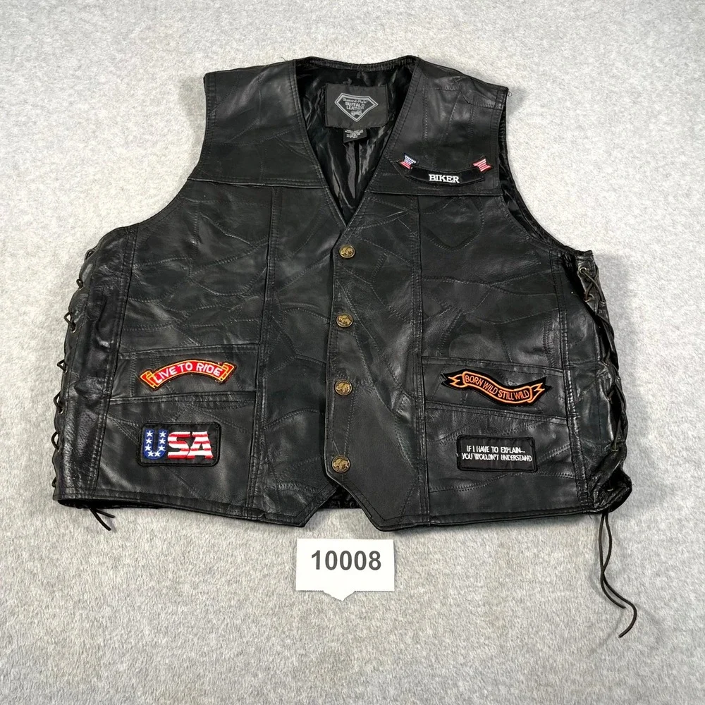 Diamond Plate Buffalo Leather Biker Vest Mens 4X Black Lined Button Front
